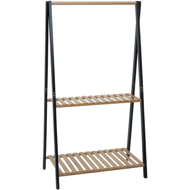 MCW Bamboe kapstok MCW-Q32, kapstok, kledingrek, schoenenrek, met stang en 2 planken, 130x70x44 cm ~ naturel-zwart