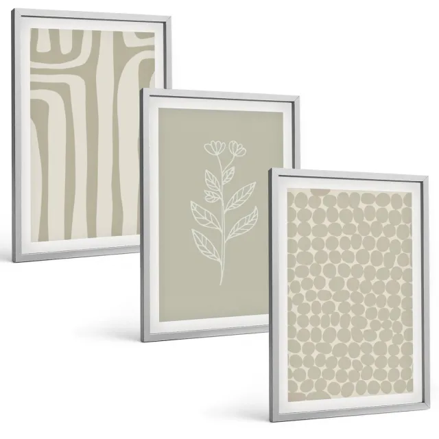 TULUP 4-Delige Schilderij Set - Plantaardige en geometrische patronen in ingetogen kleuren. - 40 x 60 cm - Wanddecoratie - Muurdecoratie - Woonkamer Zilveren lijst
