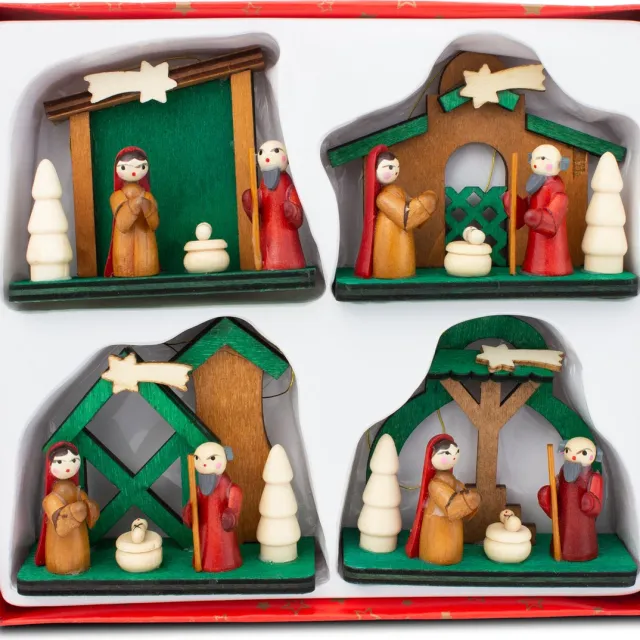 Brubaker 4-Delige Set Bethlehem Cribs Houten Hangers - Kerstboomdecoraties Maria en Jozef met Jezus - Kersthangertjes Houten Kerstboomdecoraties - met de Hand Beschilderd Veelkleurig