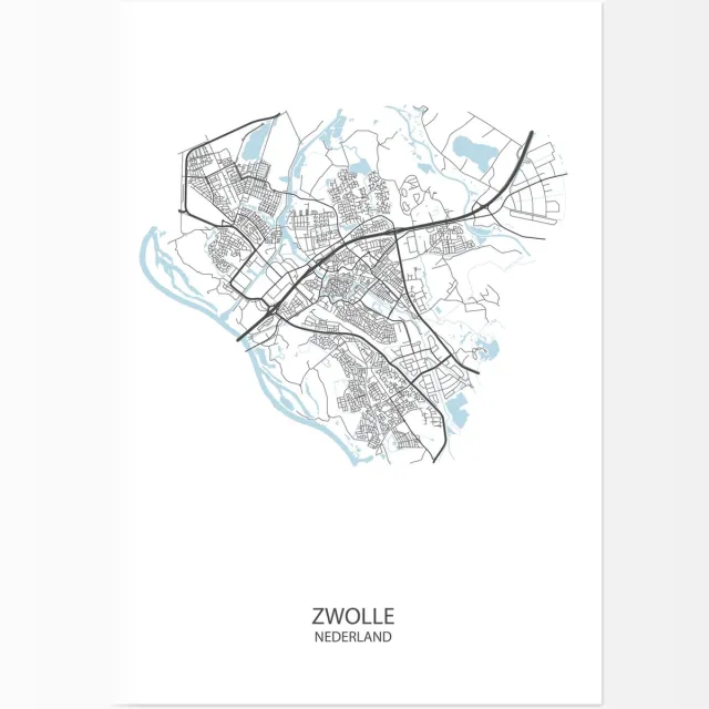 De Lange Koe Poster - Zwolle Plattegrond - 42 X 29.7 Cm - Wit