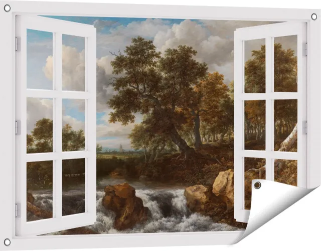Gards Tuinposter Doorkijk Landschap met Waterval - Jacob van Ruisdael - 90x60 cm - Tuindoek - Tuindecoratie - Wanddecoratie buiten - Tuinschilderij Wit