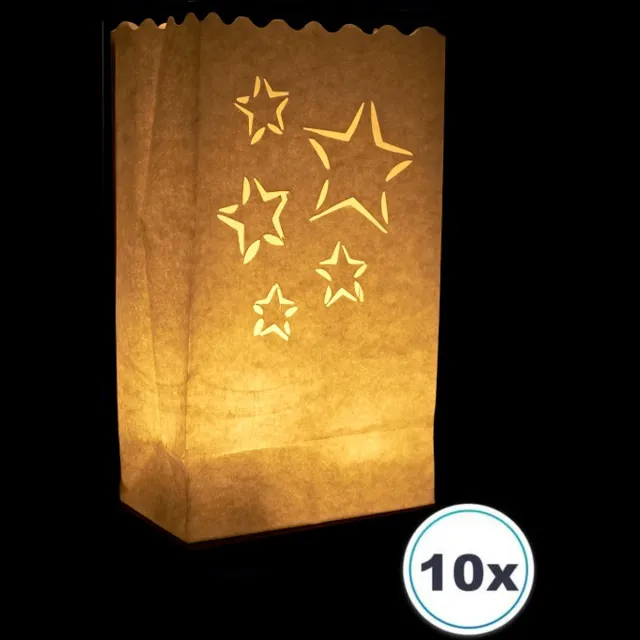Volanterna 10x Candle Bags STERRENHEMEL – Hoogte 26 cm – Bodem 16x9 cm – Lichtzakken – Brandvertragend Papier – Voor Kerst, Feest, Herdenking, Tuin – Candlebag wit