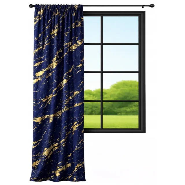 NOW-ART Marmer - Kant-en-klaar Velours Gordijn - 140 x 230 cm - Marineblauw met Goudkleurig Patroon Marineblauw;Goud