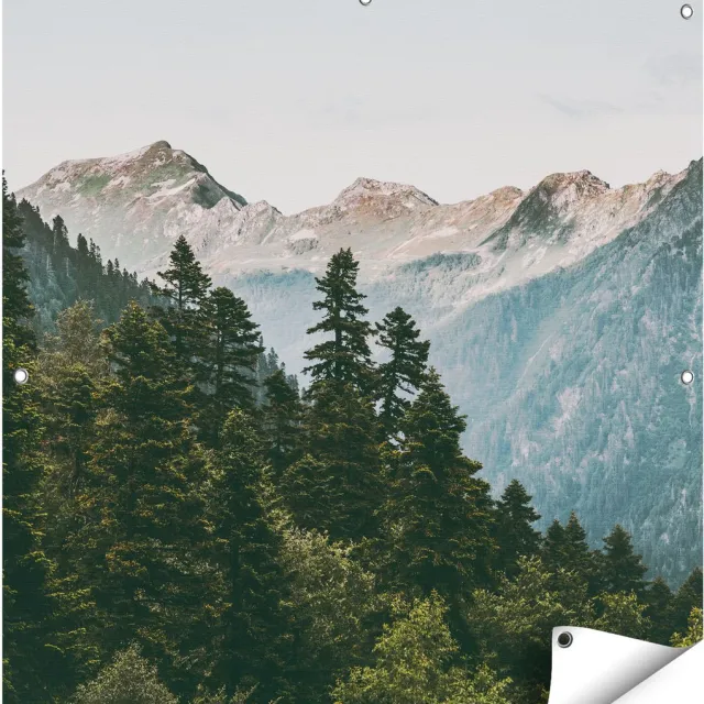 Gards Tuinposter Bos met Bomen in de Bergen - 90x90 cm - Tuindoek - Tuindecoratie - Wanddecoratie buiten - Tuinschilderij Multikleur