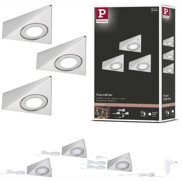 Paulmann LED-onderkastverlichting Trias Naderingsschakelaar Set van 3 3x2,7W 135x132 mm 3x185lm 230/12V Staal geborsteld
