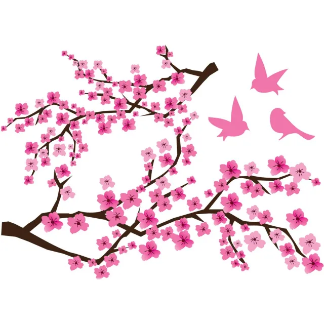 Ambiance Sticker Muurstickers - 2 Japanse kersenbloesemtakken en 3 vogels - Transparante achtergrond - 40x55cm Multi color