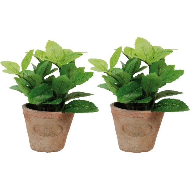 True to Nature Esschert Design Kunstplant/kruiden munt - 2x stuks - in oude terracotta pot - 16 cm - kruiden Multi