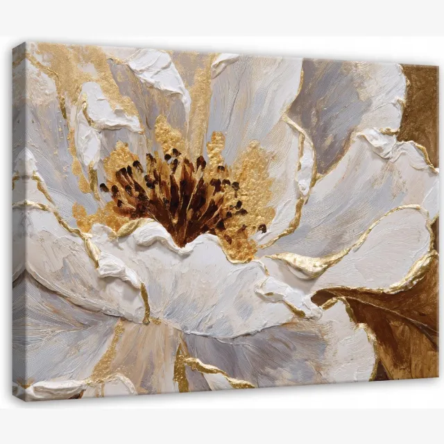 WALLARENA Schilderij op canvas - 100x70 cm - bloemen abstract goud glamour - Geschikt voor slaapkamer en woonkamer Veelkleurig