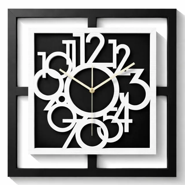 Ornament Handgemaakte Grote Houten Wandklok – Modern Minimalistisch Design, Vierkante Vorm, Leesbare Cijfers, Geruisloos, Zonder Tikkend Geluid – Voor Woonkamer, Slaapkamer, Keuken – Unieke Wanddecoratie, Industrieel Design & Stil Uurwerk,zwart -wit