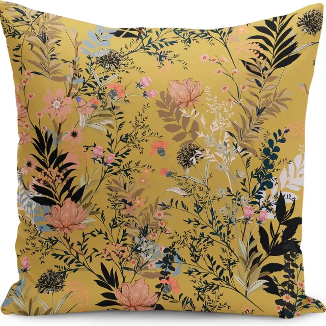 De Groen Home BLOEM Sierkussen Velvet - 50x50 cm - Bloemen op geel - Inclusief binnenkussen - Fluweel