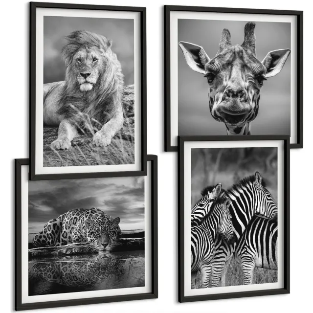 TULUP 4-Delige Schilderij Set - Wilde dieren: leeuw, jaguar, giraffe en zebra's - 40 x 40 cm en 40 x 60 cm - Decoratieve Schilderijen - Woonkamer - Interieur - Woonkamer Decoratie Zwarte lijst