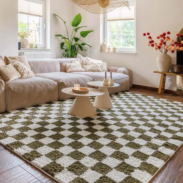 Boho&me Checkerboard vloerkleed - Check ivoor/olijfgroen 80x150