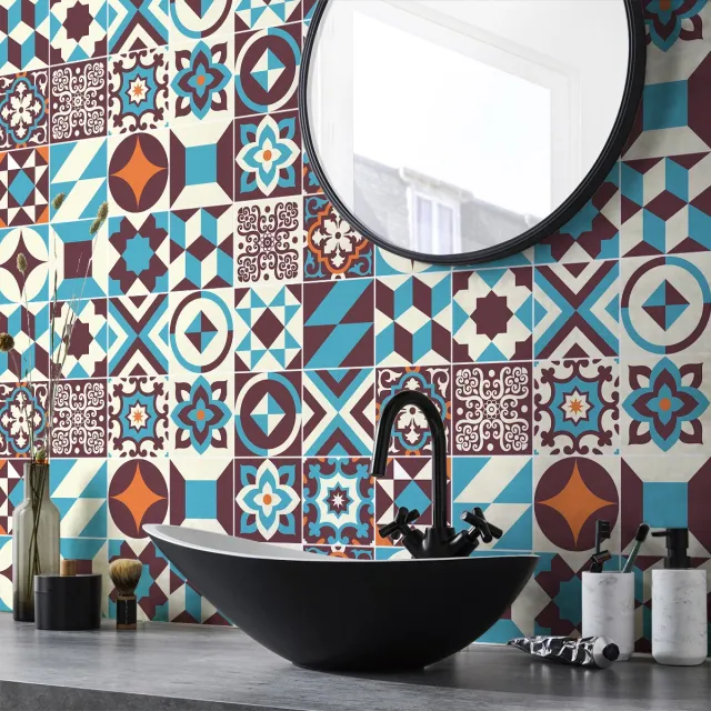 Ambiance Sticker Zelfklevende muurstickers in de vorm van cementtegels voor keuken en badkamer - 24 Leccina Azulejos cementtegelstickers - 24 stickers, 10x10cm Multi color