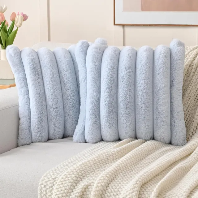 KZQ Twee blauwe kussenhoezen – verticale strepen met grote plooien – 45x45 cm – Scandinavisch design – geschikt voor banken en woonkamers