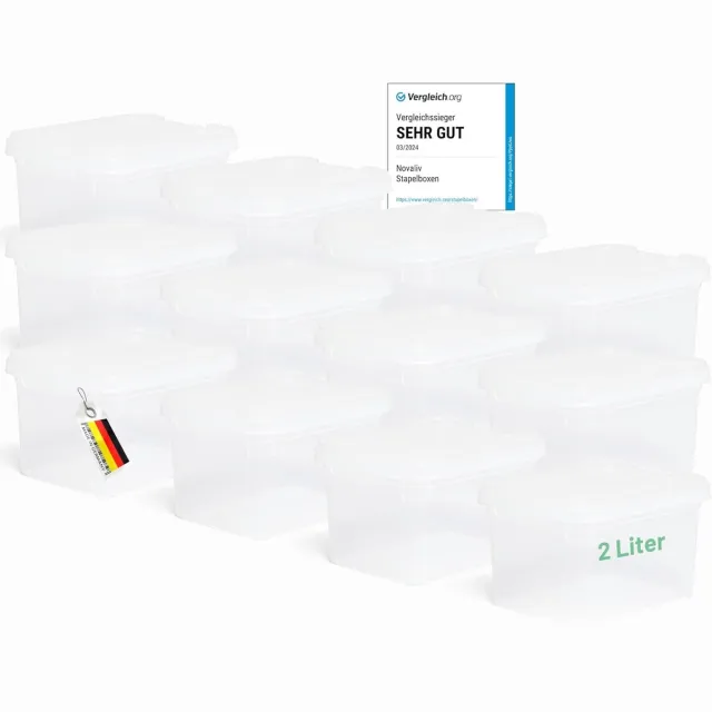 Novaliv 12x opbergdozen met deksel klein 2 L transparant nestbaar stapelbaar kunststof dozen met clipsluiting kunststof BPA-vrij 19 x 14 x 11 cm