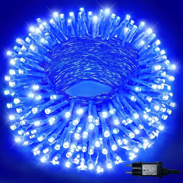 LAPAMAX Lichtsnoer met 8 Lichtstanden, Timer en Geheugenfunctie - Kerstboomverlichting op 31 V met IP44 en 3 m Aanloopsnoer - Feestverlichting voor Huis, Tuin en Balkon - Blauw - 10 m, 100 LED's