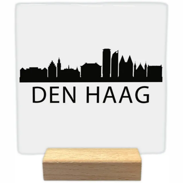 Artige Decoratie tegeltje met tekst - Den Haag skyline - keramisch - 10x10 cm - inclusief houder Wit