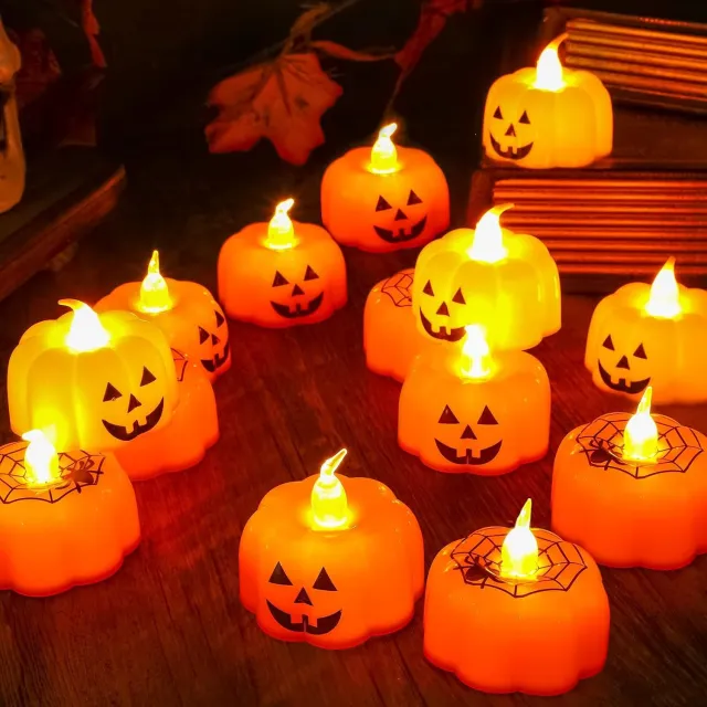 YAGXIG Halloween elektronische kaarslantaarn - Pompoenkaarslantaarn - Gloeiende pompoendecoratie LED - Vlamloze kaarslantaarn - Herfsttafeldecoratie - Werkt op batterijen - 12 stuks - Twee stijlen Oranje
