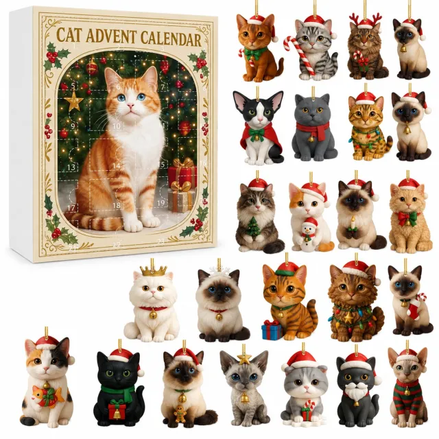SWGOTA Katten-adventskalender met 24 platte kersthangers - 24 genummerde vakjes - Goudkleurige ophangkoordjes - In doos Zwart