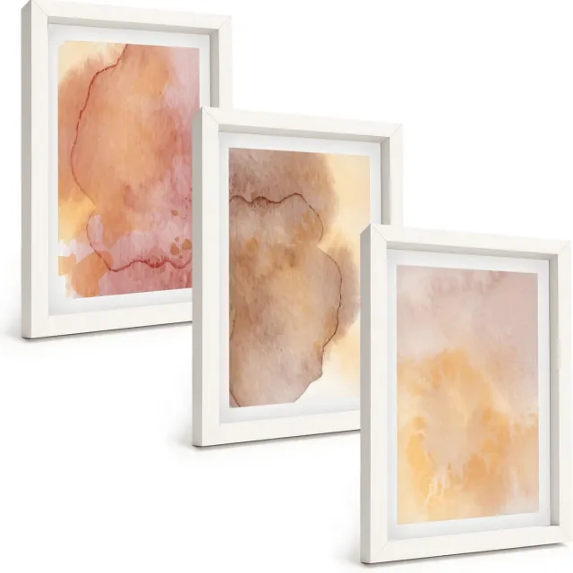 TULUP 3-Delige Schilderij Set - Warme aquarelverf op canvas, kleurrijke texturen - 20x30 - Stijlvolle Wanddecoratie - Interieur - Woonkamer Decoratie Witte lijst