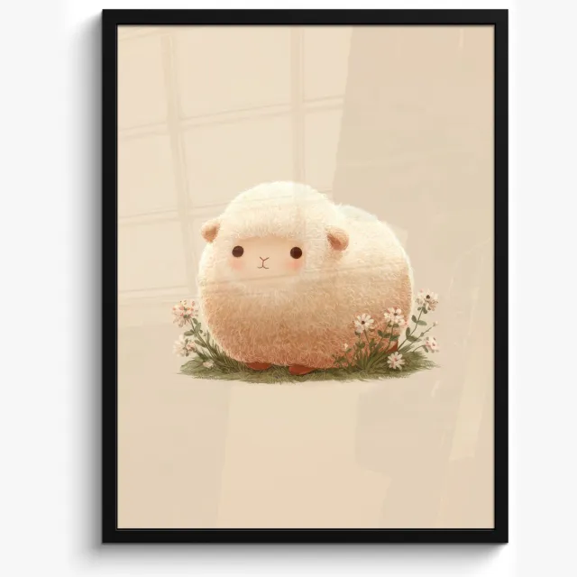FrameYourWall Poster in lijst - Fotolijst 50x70 cm - Posters - Schaap - Beige - Bloemen - Posterlijst zwart - Decoratie - Wanddecoratie woonkamer - Muurdecoratie slaapkamer