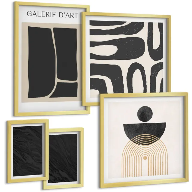 Coloray 5-Delige Schilderij Set - Abstracte Vormen En Donker Marmer - 50 x 50 cm, 20 x 30 cm En 40 x 60 cm - Schilderijen Set - Wanddecoratie - Woonkamer - Moderne Wanddecoratie Gouden lijst