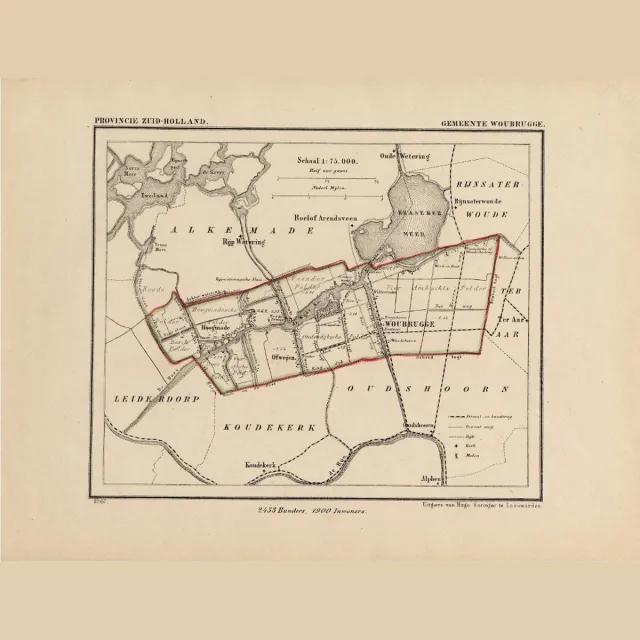 kaartcadeau.com Historische kaart, plattegrond van gemeente Woubrugge in Zuid Holland uit 1867 door Kuyper van Kaartcadeau.com Veelkleurig