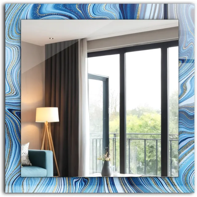 TULUP Spiegel - Vierkante Spiegel - Spiegel op gehard Glas - Abstract blauw patroon - 60 x 60 cm - Spiegel met decoratieve opdruk - Inloopkastspiegel – Badkamerspiegel - Toiletspiegel - Scheerspiegel - Klassieke Wandspiegel - Wandmontage
