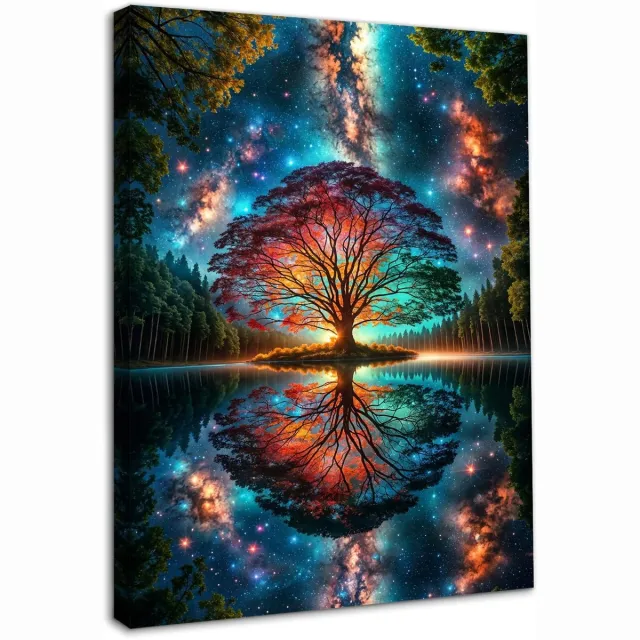 Famanu Ingelijste abstracte levensboom wandkunst, kleurrijke fantasiewoud schilderij, 30 x 40 cm, voor slaapkamer of woonkamer Zwart