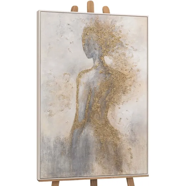 YS Schilderij - Handgeschilderd canvas schilderij - Wanddecoratie moderne Kunst - grijs en goud - woonkamer - Muurdecoratie woonkamer - Slaapkamer decoratie - Kamer accessoires - schilderijen woonkamer - schilderij Modern Met lijnen Beige 120x80