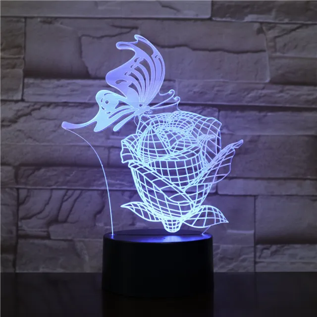 MC Living 3D Led Lamp Met Gravering - RGB 7 Kleuren - Vlinder Op Roos