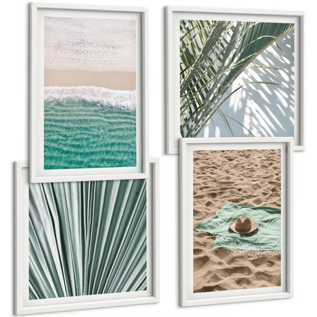 TULUP 4-Delige Schilderij Set - Uitzicht op het strand aan zee tijdens een zomervakantie - 40x40 en 40x60 - Moderne Wanddecoratie - Woonkamer - Decoratieve Schilderijen Witte lijst