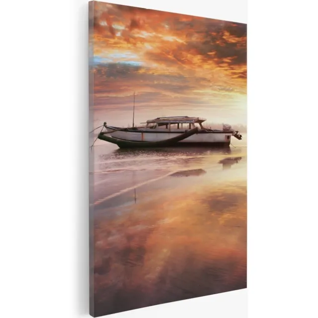 Saammp Canvas Schilderij - Boot in zonsondergang - Abstract - 60x90 - Foto op canvas - Wanddecoratie - Muurdecoratie Woonkamer - Slaapkamer decoratie - Canvas Print Multicolor