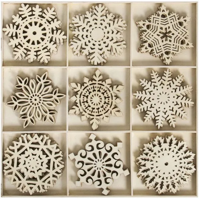 LOUZIR 27 Stuks Houten Kerstballen – 9 Vormen - ⌀7,5cm - Kersthangers - Kerstmis Versiering - Kerstboom - Kerstversiering voor Binnen - LOUZIR