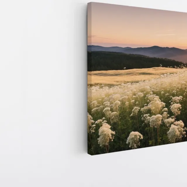 Saammp Canvas Schilderij - Landschap - Wit - Bloemenveld met zonsondergang en bergen - Natuur - 30x30 - Foto op canvas - Wanddecoratie - Muurdecoratie Woonkamer - Slaapkamer decoratie - Canvas Print Multicolor