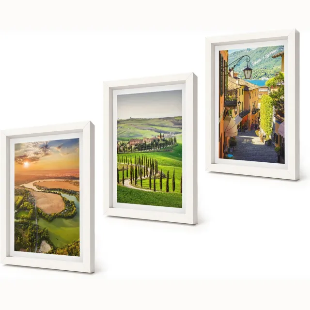 Coloray 3-Delige Schilderij Set - Italiaanse landschappen met een rivier, heuvels en een stadsstraat - 20x30 - Muurdecoratie - Decoratieve Schilderijen - Wohnzimmer - Stijlvolle Muurdecoratie Witte lijst