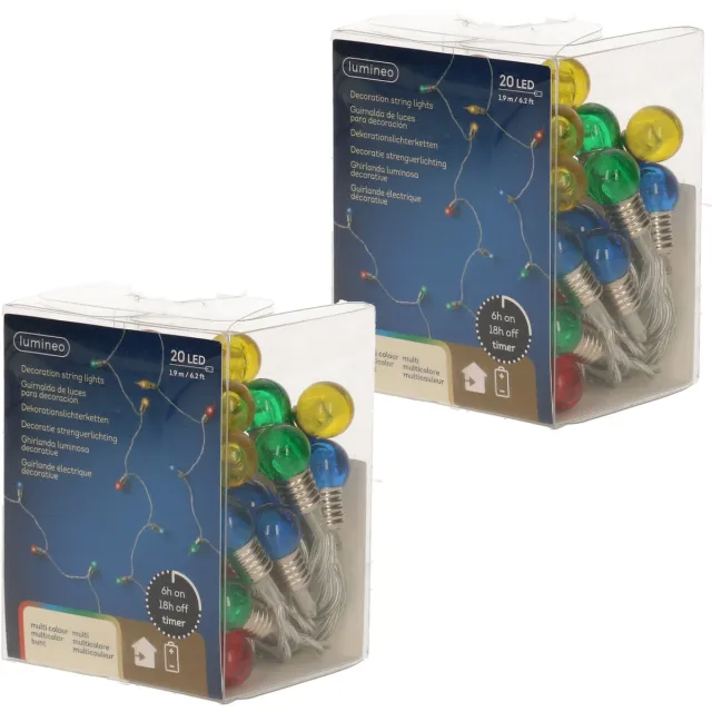 Lumineo feestverlichting - 2x - gekleurde bolletjes - 190 cm - 20 lampjes - op batterij - kerstdecoratie/versiering