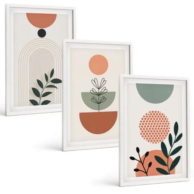 Coloray 3-Delige Schilderij Set - Plantmotieven In Moderne Vormen En Kleuren - 40 x 60 - Muurdecoratie - Schilderijen Set - Woonkamer Witte lijst