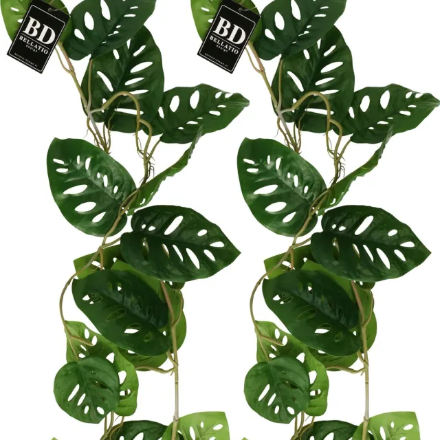 Bellatio Design kunstplant/hangplant slinger - 2x - Gatenplant/philodendron - groen - 120 cm lang - planten guirlandes