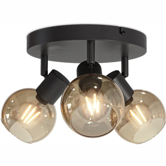 HOFTRONIC Glazura LED Plafondlamp rond - Glazen Bollen - Amberkleurig Glas - 3 spots (excl.) - E14 fitting - Amber - IP20 - Plafondlamp Rookglas - Afzonderlijk kantelbaar & draaibaar - 2 jaar garantie Zwart