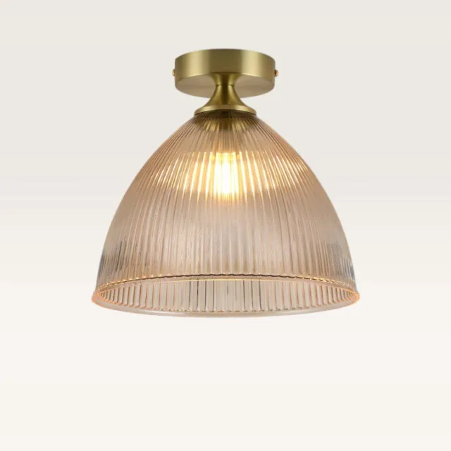 LUSENZ Plafondlamp Ciotola ambra - Koepelvormige bol van geribbeld amberkleurig glas en metalen gouden drager - Zonder lichtbron