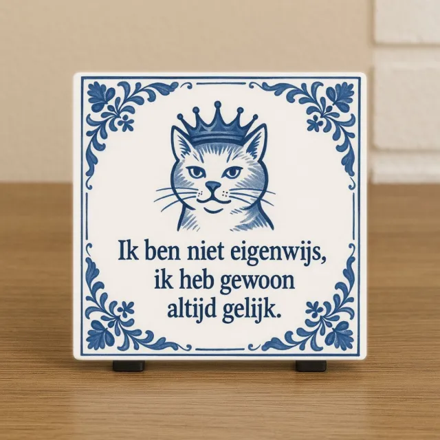 CreaCraft Spreuk Tegel 10,5x10,5cm – Humor Kat – Ik ben niet eigenwijs, ik heb gewoon altijd gelijk – Trendy Nu –Decoratie – Zomaar – Decoratief Tegeltje met Standaard – Cadeau Idee Illustratie
