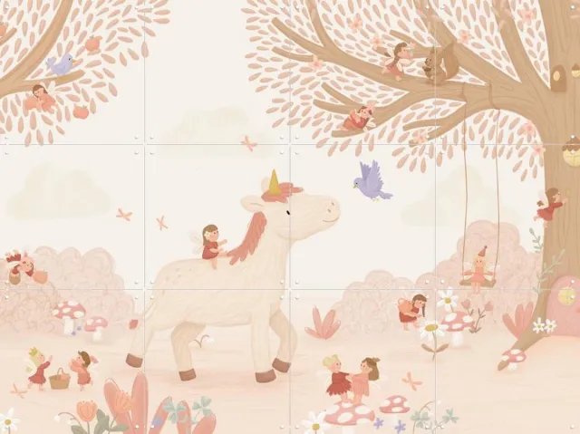 IXXI Unicorn in Fairyland, Love by Lily - 80 x 60 cm - Grote wanddecoratie en posters - Speels, Illustraties, Fantasierijk, Digitale Kunst Roze / Beige
