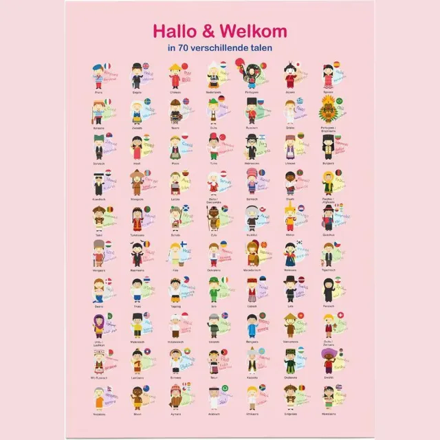 eduposters Educatieve poster (Posterpapier) - Hallo & welkom in 70 talen - 42 x 59.4 cm (A2) Beige
