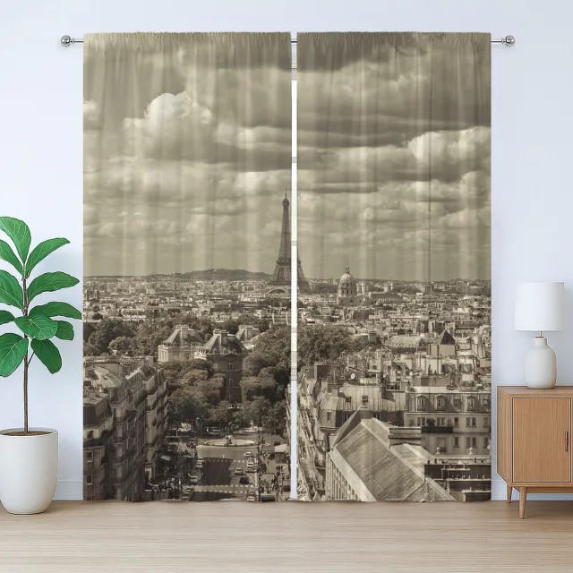 ABAKUHAUS Beige Rustiek Gordijn, Parijse Stadsgezicht, Universele Gordijnen met Bandjes, Lussen en Haken voor de Woonkamer, 280 x 175 cm, Beige