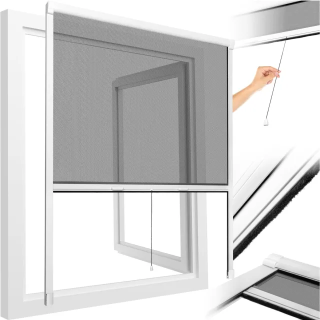 Tectake Rolhor voor Raam 130 x 160 cm – Oprolbare Raamhor tegen Insecten – Inkortbaar – Aluminium Frame met Glasvezel Muggengaas – Borstelafdichting – Wit Rolgordijn