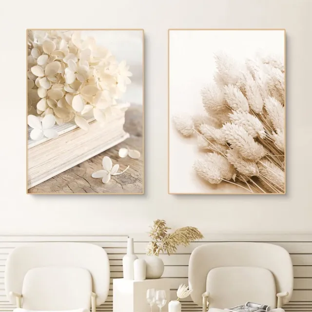 Ibenzoa Set van 2 Boheemse Bloemrijke Canvas Wanddecoraties voor Woonkamer zonder Lijst beige
