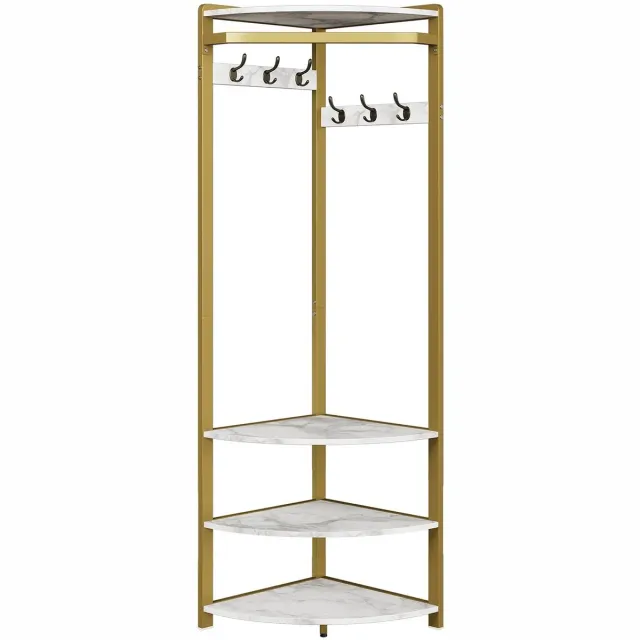 RosaBloom Kapstok - Hoekgarderobe - Entree organizer - 6 Dubbele Haken - Ingebouwde Schoenenbank - 50x50x180 cm - Hout en Metaal - Goud