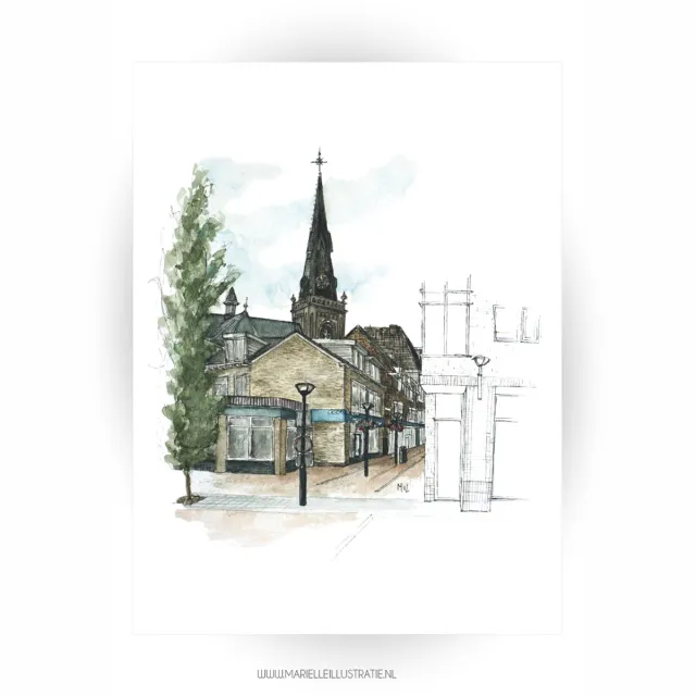 marielleillustratie Boskoop centrum op poster 30x40cm, illustratie van aquarel en fineliner diverse