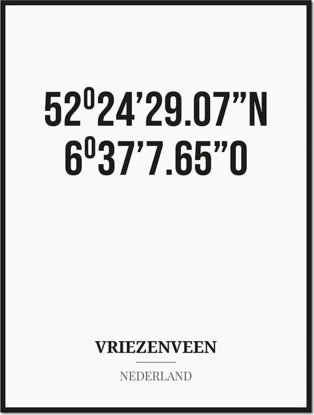 Studio216 Poster/kaart VRIEZENVEEN met coördinaten zwart, wit